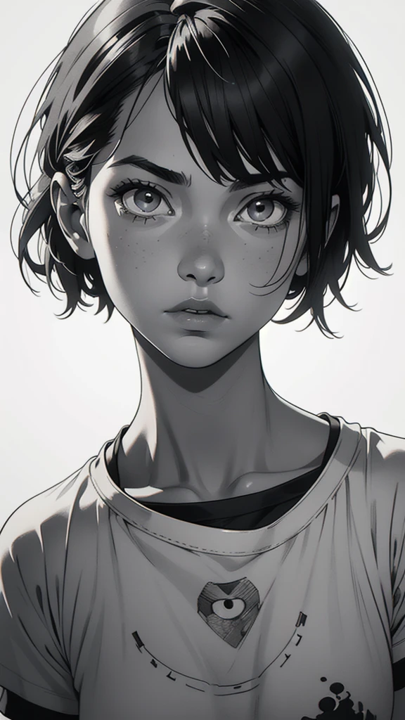 1 boyish girl, solo, sharp eyes, monochrome, greyscale, short black hair, portrait, white T-shirt, Thin eyebrows, closed mouth, looking at viewer, graphite \(medium\), detailed lips, hatching \(texture\), without makeup, bangs, upper body, (best illustration), (best quality), (very detailed), (masterpiece), expressionless, perfect lighting