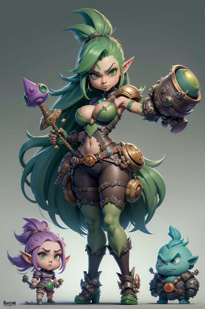 Rayman Legends style tree, character estilo art rayman legends, girl, fully body, STYLE mercenary with futuristic doom style weapons, Giant Accessories,Giant Monster, big breats,Little bunny,big breast, sensuality, elfo, mascot next door,doom style weapons,((doom armor))