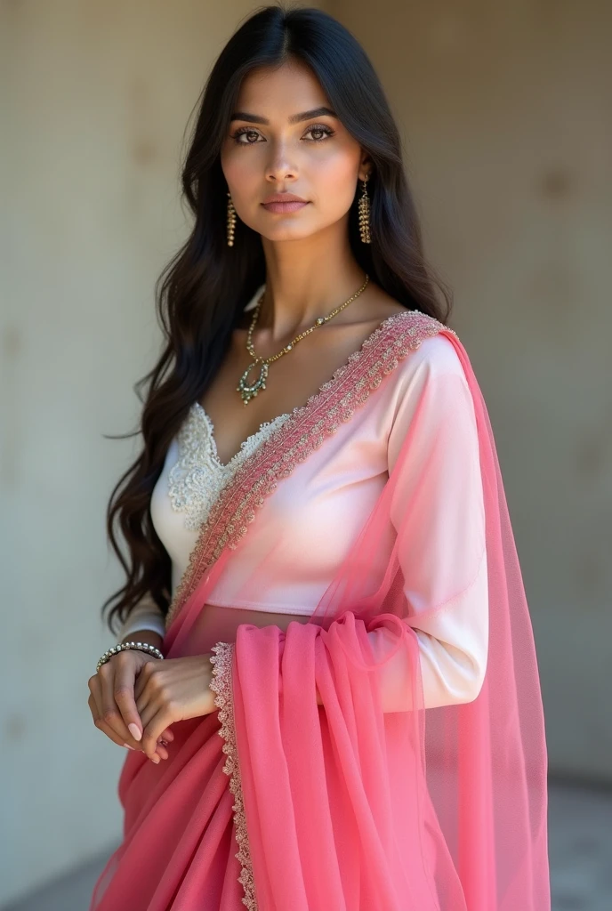 a head to toe full body picture of a girl in white blouse and pink saree