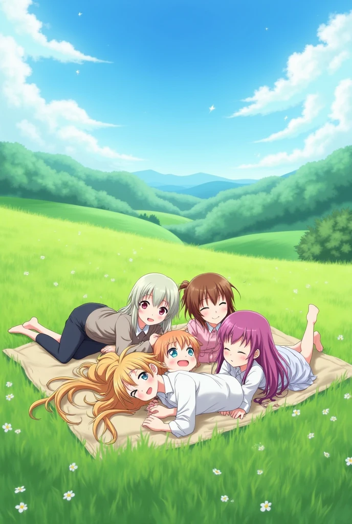 Five anime girls lying on the field holding hands