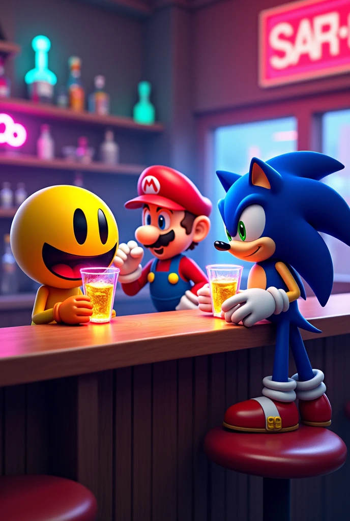 Pac Man Mario and Sonic in a bar