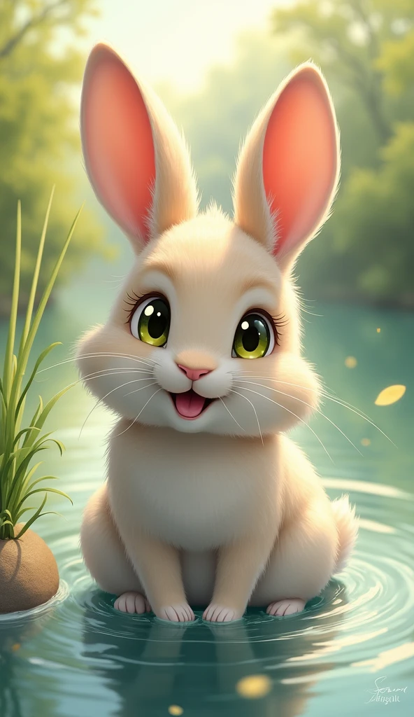 Close-up of a rabbit playing by the river,Yellow-green eyes, High resolution, Illustration of movement, Background blur, Reality, Soft Light, Character Design, 