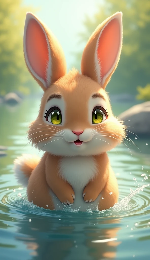Close-up of a rabbit playing by the river,Yellow-green eyes, High resolution, Illustration of movement, Background blur, Reality, Soft Light, Character Design, 