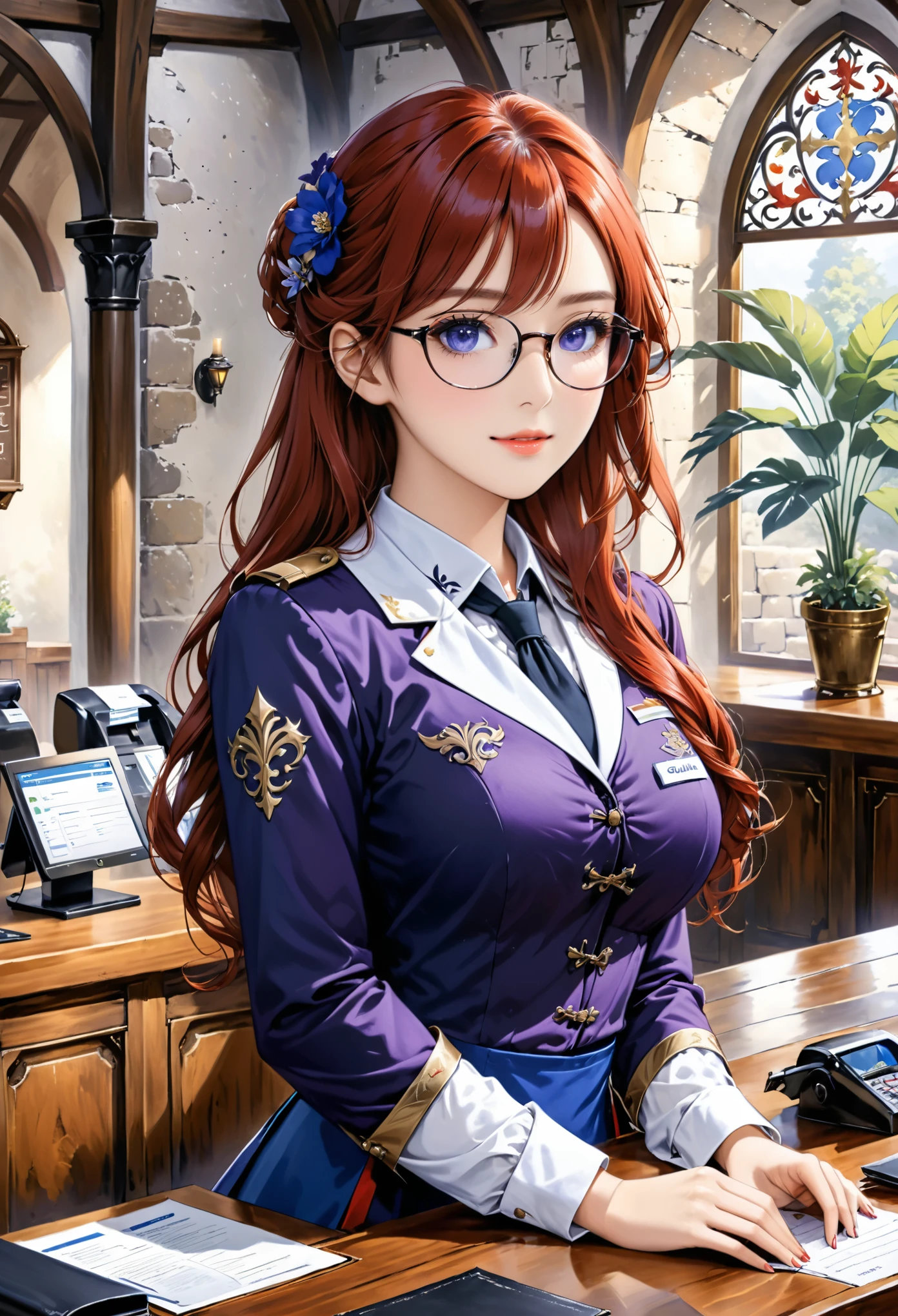 Guild girl, receptionist, ((medieval fantasy)), (another world), , red hair, wavy long hair, purple eyes, glasses, big breasts, receptionist uniform, blue and white uniform, calm atmosphere, reception counter ,analog,