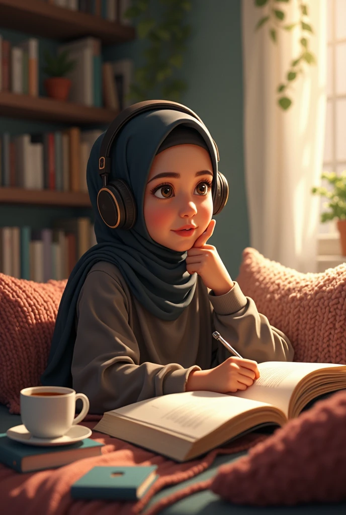 A age hijabi girl studying while listening to music in a cozy room