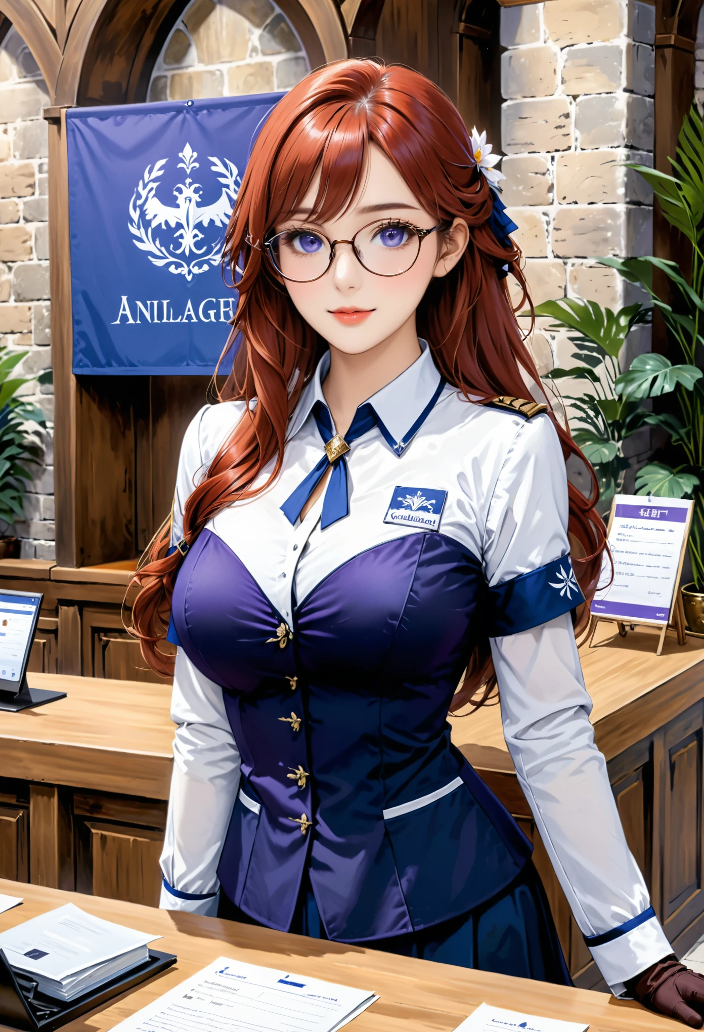 Guild girl, receptionist, ((medieval fantasy)), (another world), , red hair, wavy long hair, purple eyes, glasses, big breasts, receptionist uniform, blue and white uniform, calm atmosphere, reception counter ,analog,