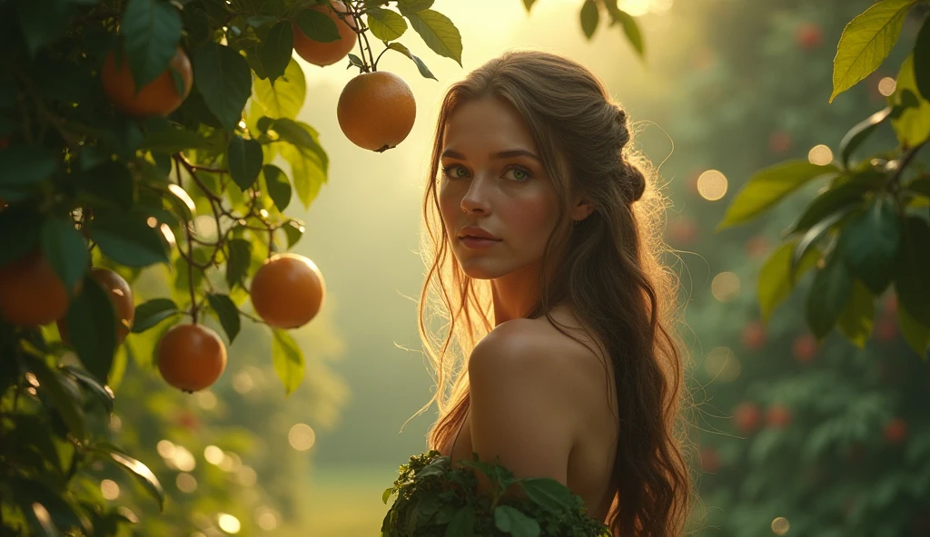 Descreva uma imagem de Eve's biting a fruits from the trees in the enchanting garden of Eden with. Eve is in her mid 20s, emerald color eyes, extremey beautiful, long light brown hair, dressed in leaves. emanating a divine aura and looking away from the camera with a penetrating and gaze. The scene around her radiates a sense of serenity and transcendence, com cores suaves e uma atmosfera celestial. Highlight the details of the expression on your face, the sparkle in your eyes and the sense of peace and grace that your presence radiates in this sacred moment, 32K UHD, Style Raw, Afternoon sun, warm tone, cinematic