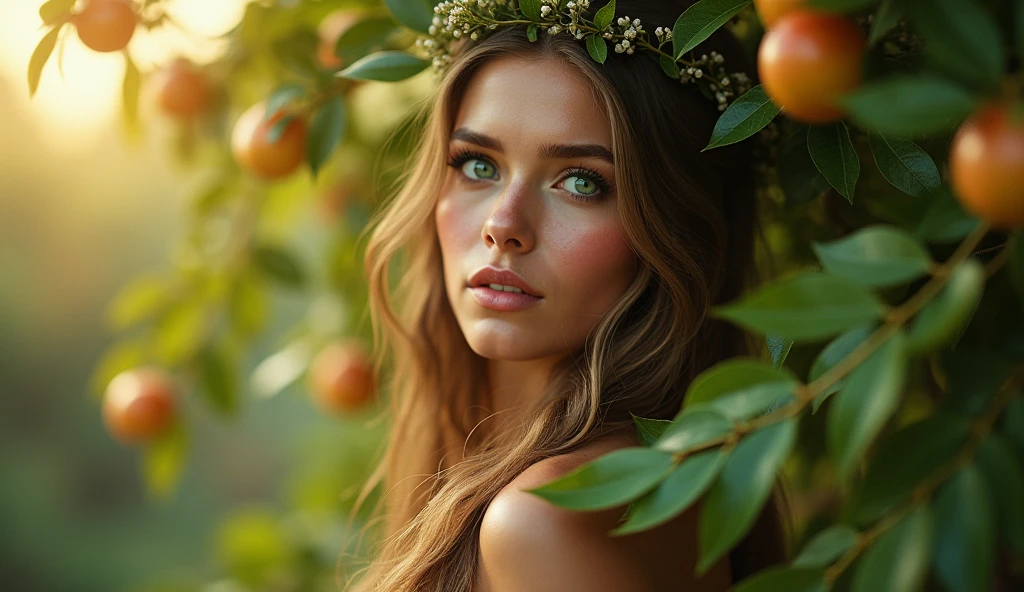 Descreva uma imagem de Eve's biting a fruits from the trees in the enchanting garden of Eden with. Eve is in her mid 20s, emerald color eyes, extremey beautiful, long light brown hair, dressed in leaves. emanating a divine aura and looking away from the camera with a penetrating and gaze. The scene around her radiates a sense of serenity and transcendence, com cores suaves e uma atmosfera celestial. Highlight the details of the expression on your face, the sparkle in your eyes and the sense of peace and grace that your presence radiates in this sacred moment, 32K UHD, Style Raw, Afternoon sun, warm tone, cinematic