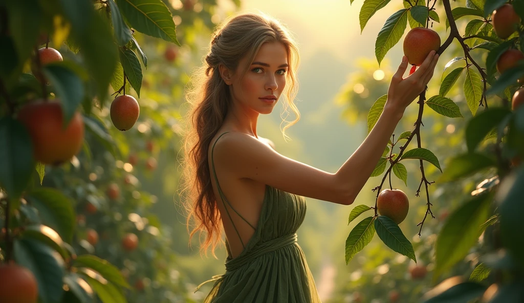 Descreva uma imagem de Eve's biting a fruits from the trees in the enchanting garden of Eden with. Eve is in her mid 20s, emerald color eyes, extremey beautiful, long light brown hair, dressed in leaves. emanating a divine aura and looking away from the camera with a penetrating and gaze. The scene around her radiates a sense of serenity and transcendence, com cores suaves e uma atmosfera celestial. Highlight the details of the expression on your face, the sparkle in your eyes and the sense of peace and grace that your presence radiates in this sacred moment, 32K UHD, Style Raw, Afternoon sun, warm tone, cinematic