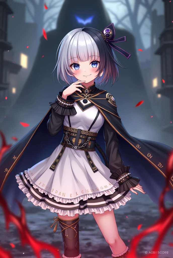 jirai kei, anime, hime cut, blunt bangs, ecstasy, audience, dark persona, long hair, straight hair, smirk, teasing, hand on own chin, evil smile, trap, 1 boy, sissy boy, femboy, dark blue eye, boots, knee high socks, white and black hair, two tone half color hair, destroying, Casting a darkness destruction spell, blood spatter, Ruined city, black cape, frills, runes, tassels, feng shui, white dress, belts, earrings, chains, yin yang, beautiful art, depth of field, high res, perfect face, detailed outfit