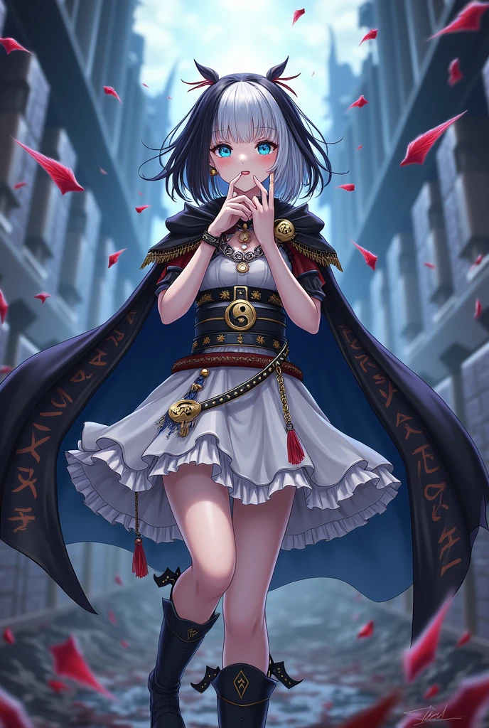 jirai kei, anime, hime cut, blunt bangs, ecstasy, audience, dark persona, long hair, straight hair, smirk, teasing, hand on own chin, evil smile, trap, 1 boy, sissy boy, femboy, dark blue eye, boots, knee high socks, white and black hair, two tone half color hair, destroying, Casting a darkness destruction spell, blood spatter, Ruined city, black cape, frills, runes, tassels, feng shui, white dress, belts, earrings, chains, yin yang, beautiful art, depth of field, high res, perfect face, detailed outfit