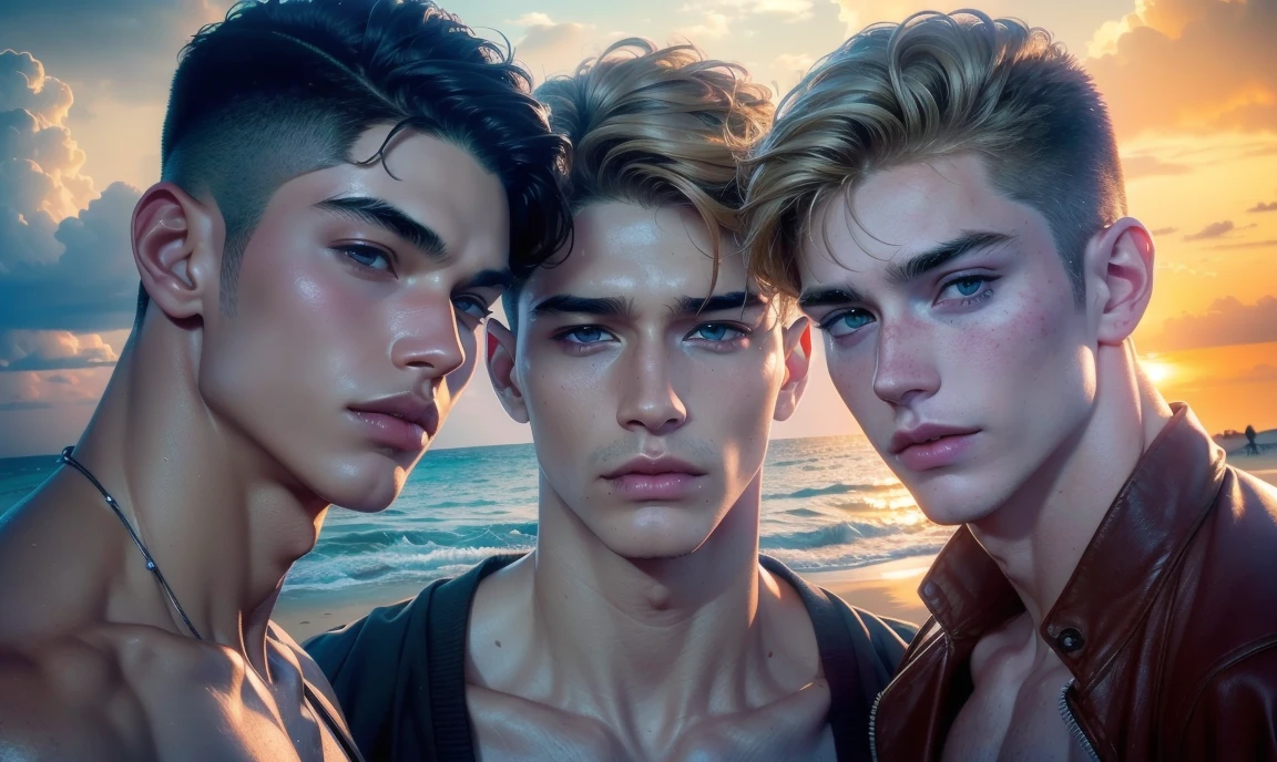 [((highly detailed, detailed eyes, detailed face, clear and realistic facial features, photorealistic, realistic light, cinematic, standing close together, close up)), ((((3 men, each man looks unique, each man has a different natural hair color and different facial features and skin color)))), (((sexy male college-age jocks standing on the beach looking aroused))), ((smirking)), ((dilated pupils and flushed skin)), ((wearing casual clothes)), ((beautiful deserted tropical island with a storm in background))]