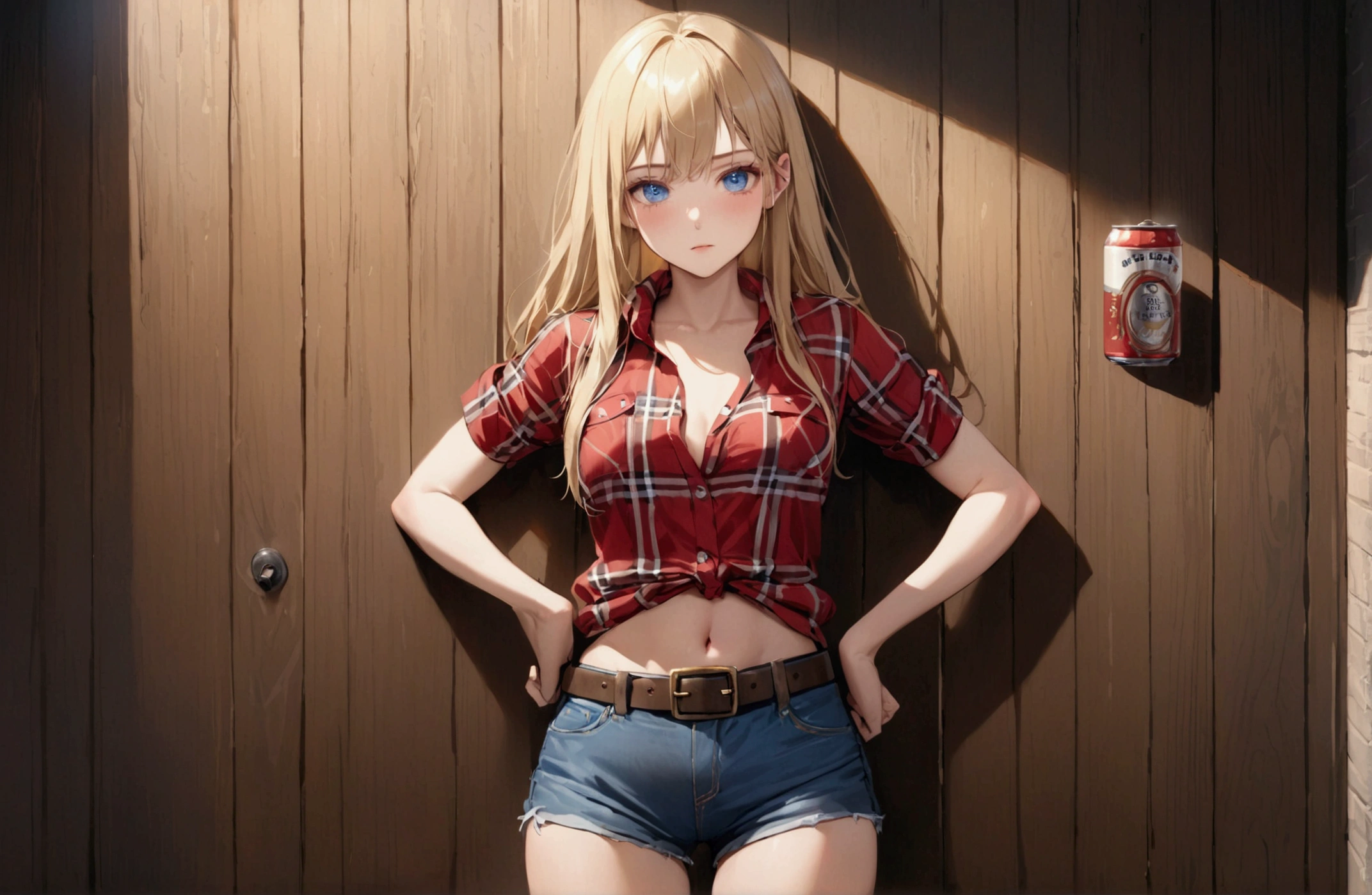 Woman with long blonde hair, blue eyes, Athletic build, A red plaid cowgirl shirt with short sleeves and a rolled up collar, clock, Navel exposed, Denim hot pants, Brown belt with oval buckle, Please stand up straight, Drunk,Severe hiccups,In front of a wooden wall,can of beer,Front view,Cowboy Shot,16K, Highest quality, masterpiece, Realistic, detailed