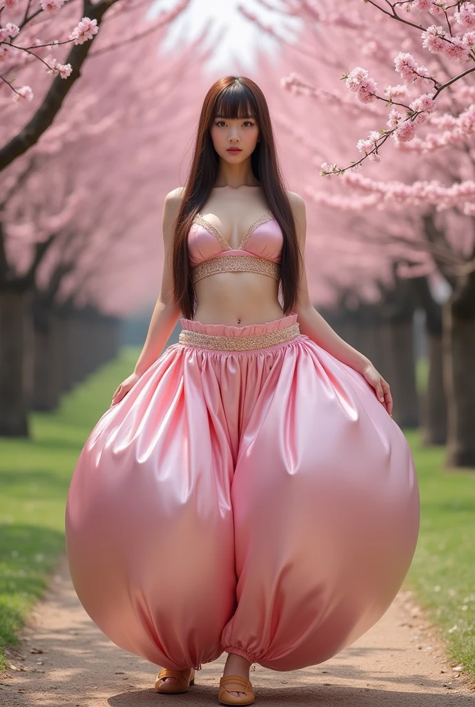 Pretty Japanese girl with super colossal breasts, solo, fullbody shot, brown eyes, brown long straight hair, hime cut, blunt bangs, blunt tips, busty, gigantic cleavage breasts, J-Cup breasts, Insanely huge gigantic breasts, ginormous breasts:1.6, standing in a grove of cherry blossom trees, wearing an Arabian outfit consisting of humongous inflatable satin full length princess Jasmine-style harem pantaloons with her belly button completely exposed, gold dance shoes, and a simple satin strapless bra. The outfit is light pink and the pants are extremely puffy and completely round and completely spherical, Best quality:1.3.