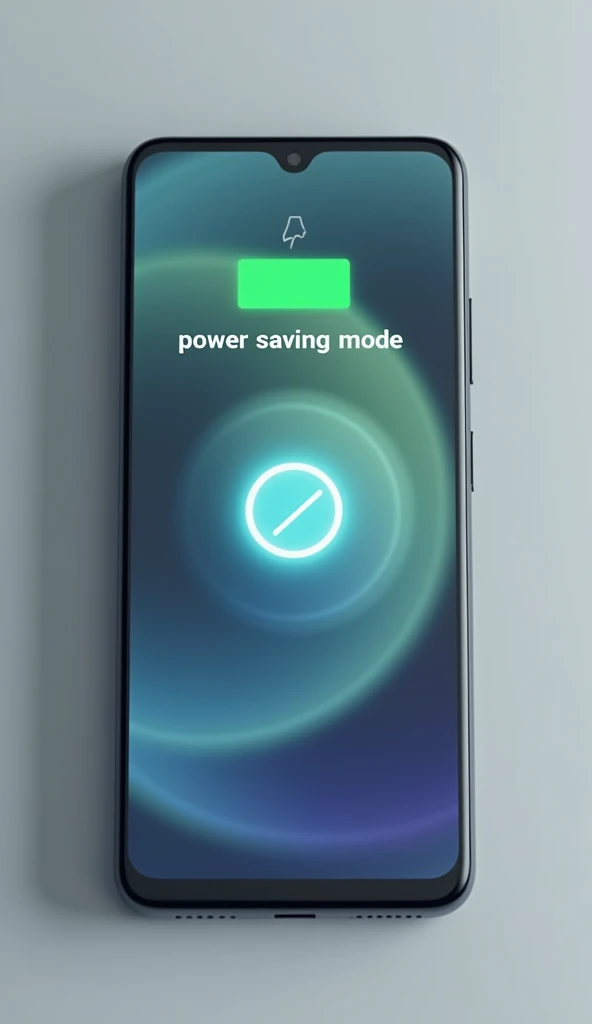 Power Saving Mode:Description: A smartphone screen displaying the "Power Saving Mode" enabled. The battery icon is highlighted, and the screen is slightly dimmed, indicating power-saving mode is active.
