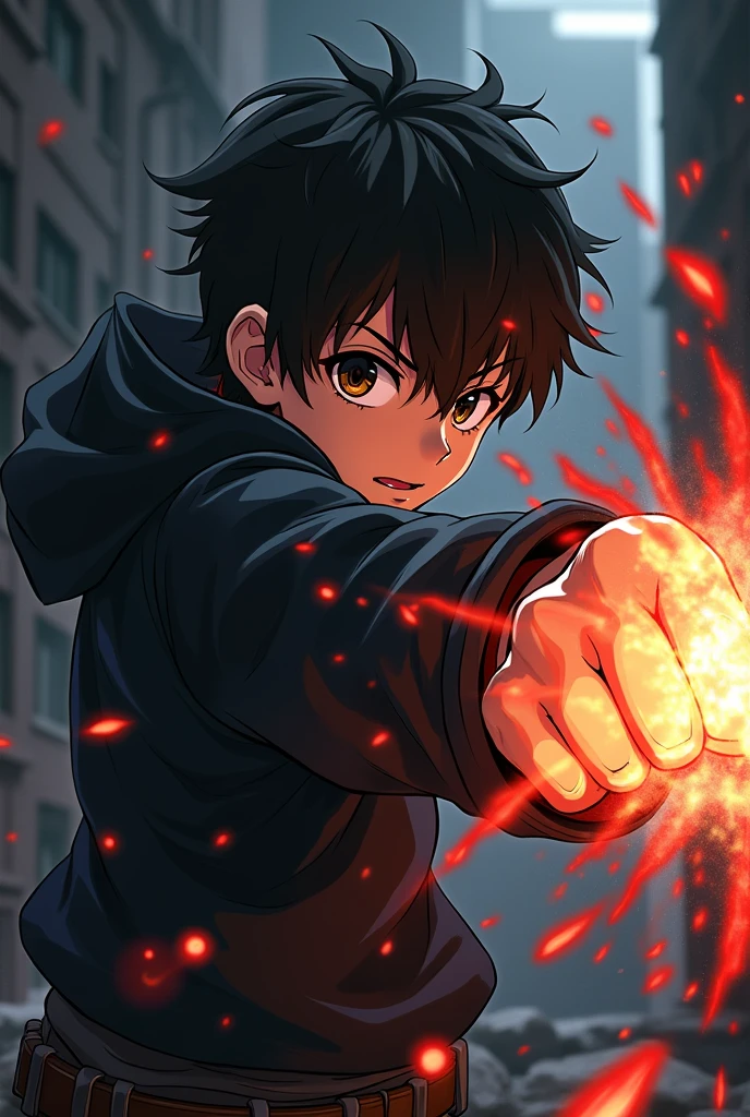 Anime boy with black eyes and a black hoodie punching and black veins