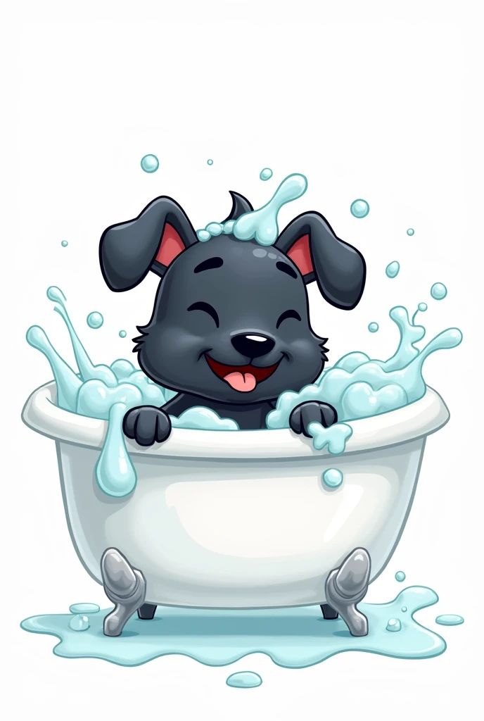 (Logo) cartoons of a black dog, in a white tub, with bubbles and shampoo