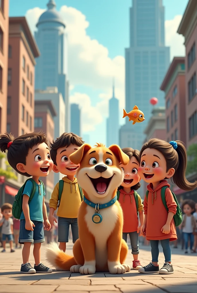 8 kids reunited with a single dog and a fish in a bottle in a city