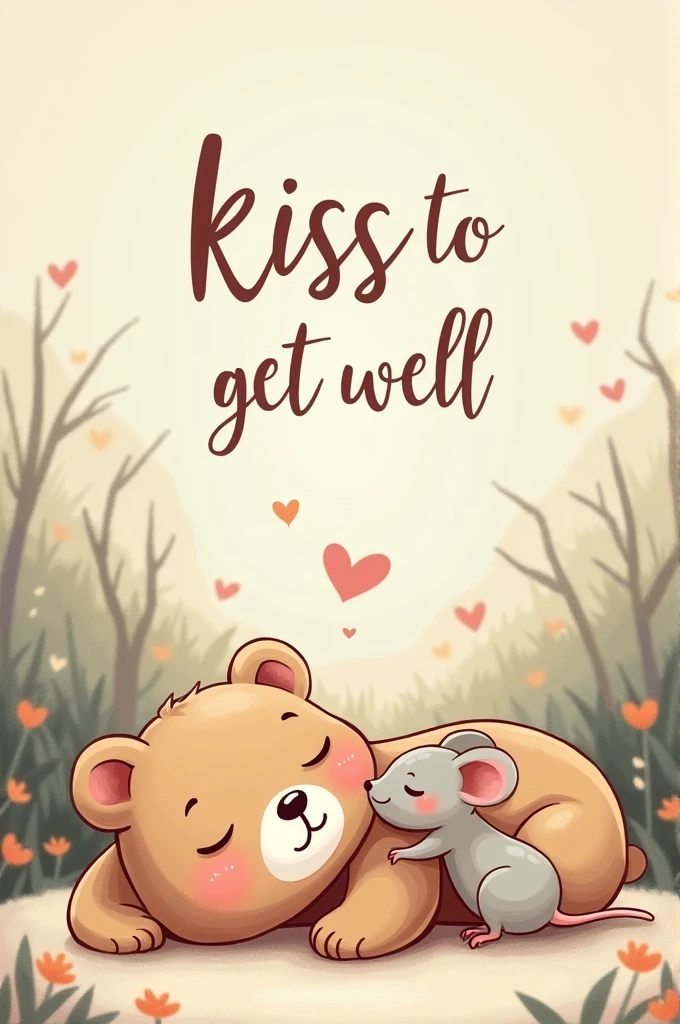 Make a picture as if I had drawn on my iPad that says kiss to get well and that a little bear is sleeping and that a little mouse is giving him a kiss on the cheeks