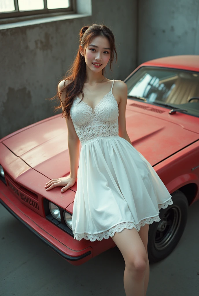 (Highest quality:1.4),(masterpiece:1.4),(Realistic:1.4),(Realistic:1.2),(超High resolution, RAW Photos:1.4),(High resolution, Very detailed:1.2),(8k:1.2),photograph,(Shot from behind:1.3)、Korean women、brown hair photos,One Woman,alone,(In underwear),Very large breasts,((Thigh to head shot:1.3))、(((topless、You can see her large breasts from the side.)))、((Toothy smile))、((Very large breasts:1.4))、Realistic skin textures、Slightly freckled、Slender figure、Realistic skin textures、((background,Concrete wall:1.3)),(topless,The breast is visible from the side:1.6),(Long lace slip,White)、3 woman、The angle at which the nipple is not visible、((Updo long hairstyle))、((Black,Long lace slip:1.4))、Correct toes、Detailed facial features、Long slip covers the buttocks and soles of the feet、Long slip covers your butt、