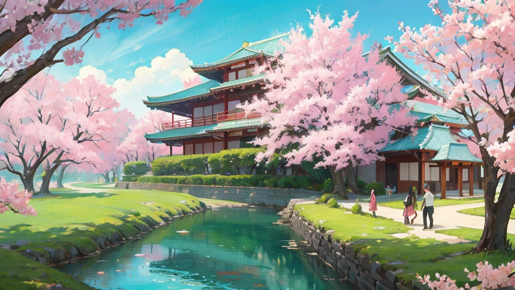 japanese city landscape, green vegetation, windy, anime style, detailed, low angle, pastel colors, sakura, windy, people walking