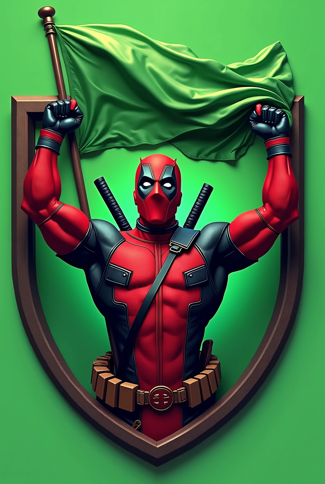 Design a logo that features an ultra-realistic depiction of a Deadpool-like character, with triumphant hands holding a green flag. The character must be integrated into a shield-shaped emblem with a green background. The design should be detailed and realistic, capturing the character's iconic costume and his playful yet triumphant expression.