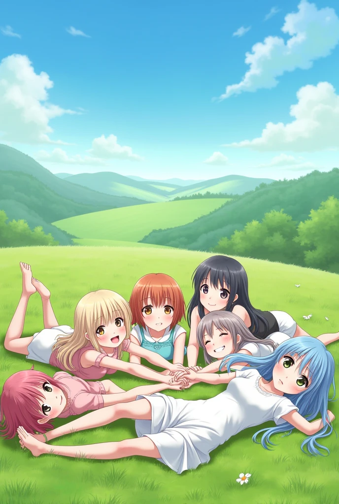 Five anime girls lying on the field holding hands
