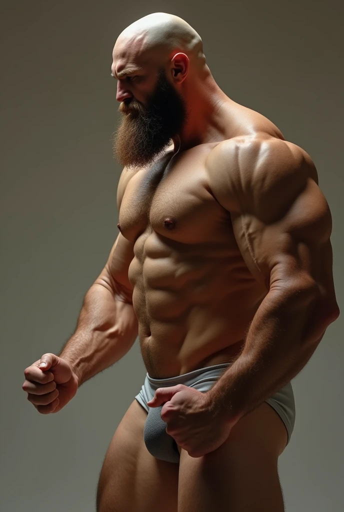 athletic man, chiseled body, sculpted body, nude, nude art, fine art, no cloth, action pose, wrestling pose, aggressive pose, masculine, bald, thick beard, tumescence, penis, large penis, long penis, erection, ultrarealistic, well-lit, good lighting, soft lighting, 8k