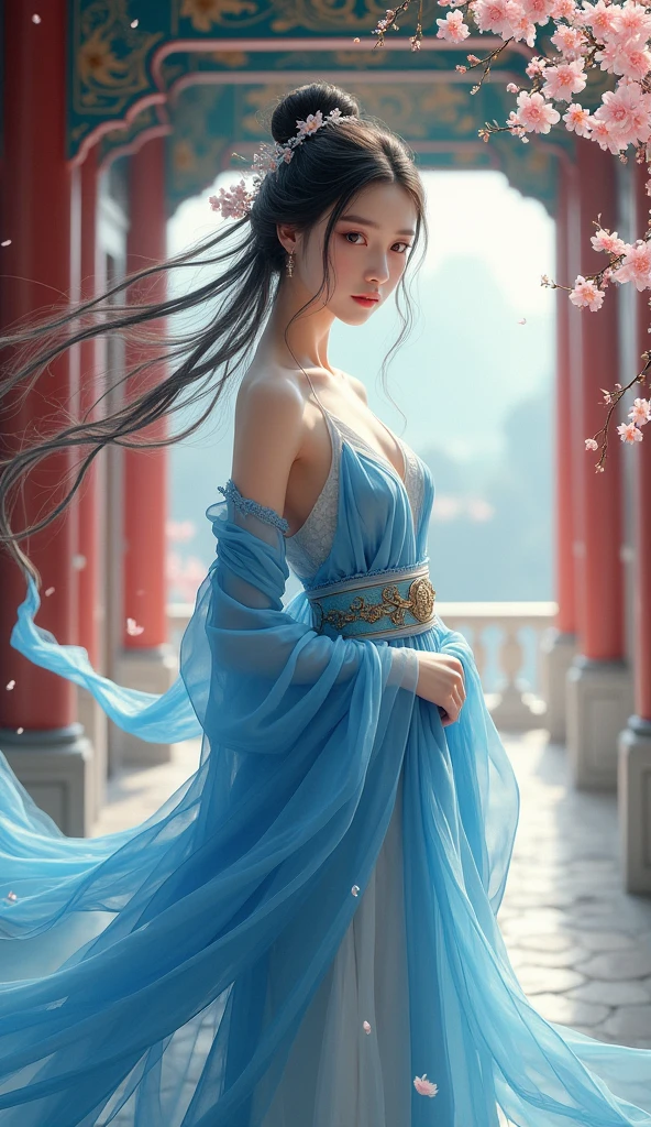 arafed woman in a blue kimono with flowers in her hair, palace , a girl in hanfu, beautiful character painting, artwork in the style of guweiz, wearing ancient chinese clothes, beautiful digital artwork, beautiful alluring anime woman, wearing blue robe, hanfu, flowing magical robe, wearing a blue robe, artgerm. anime illustration