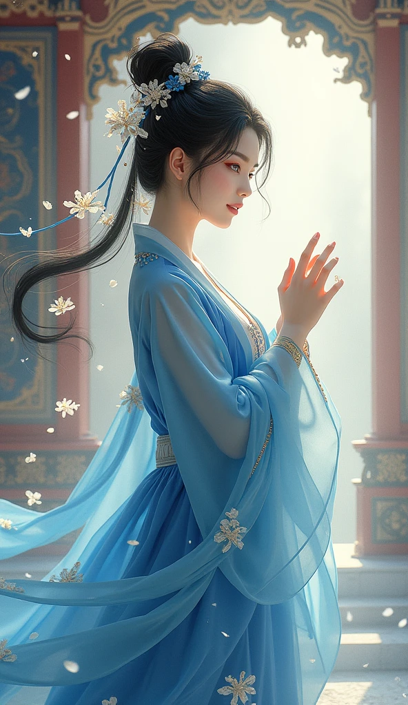 arafed woman in a blue kimono with flowers in her hair, palace , a girl in hanfu, beautiful character painting, artwork in the style of guweiz, wearing ancient chinese clothes, beautiful digital artwork, beautiful alluring anime woman, wearing blue robe, hanfu, flowing magical robe, wearing a blue robe, artgerm. anime illustration
