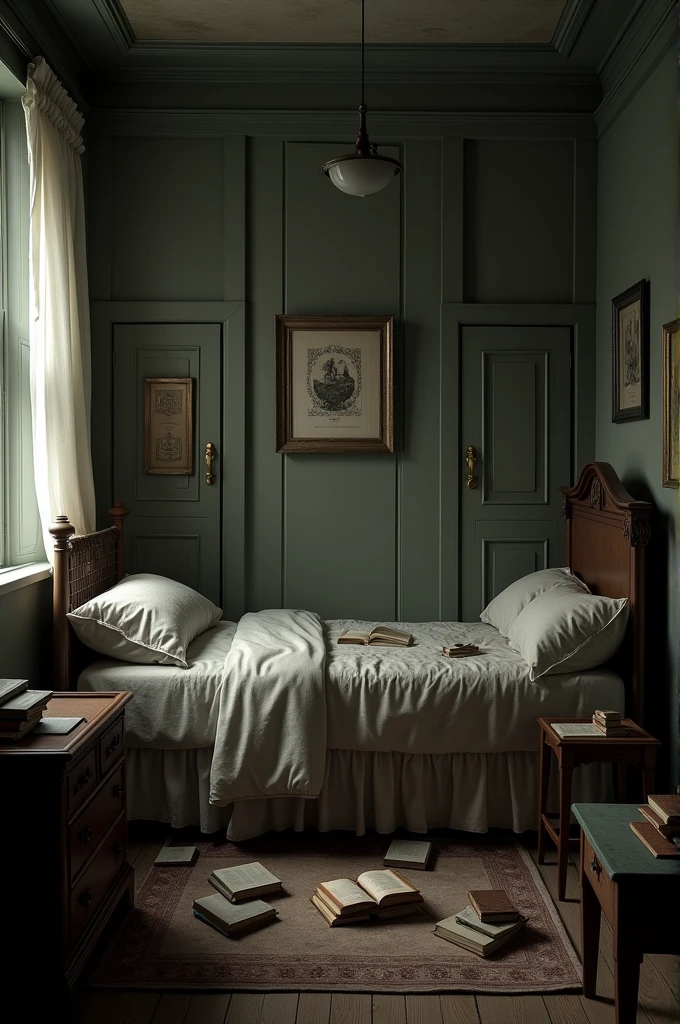 A dim and simple Victorian era room with a bed and books on the floor.