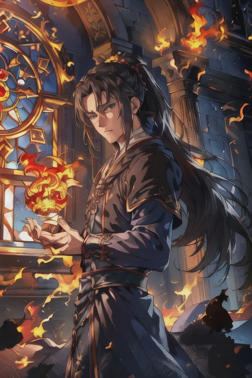 ((best quality)), ((masterpiece)), (detailed),((highest quallity)),naughty man, young man, masculine, Detailed Description, gorgeous face, blue eyes, revenge look straight hair, ponytail hair, hair down to the shoulders, black hair, Gothic, caucasiano, renaissance church window background, black robe, cloak covering shoulders, cloak to the elbows, Beautiful young man, Detailed facial representation, black monk clothes, hands crossed, crucifix in the right hand, playing with blue fire with his left hand (seen from the front),( fully body)