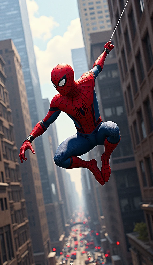 Spider-Man Swinging Back to the Tree**: Spider-Man swinging through the air, glancing back toward the tree where his lunch is.