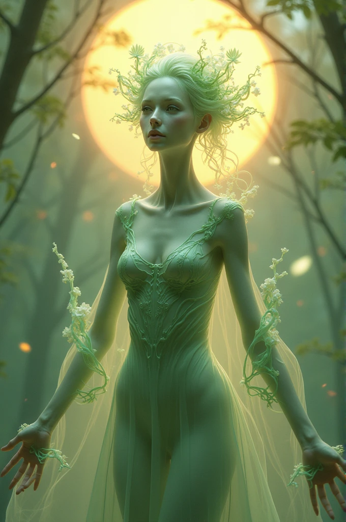 Human with light green skin color slightly translucent or shiny, with eyes with a greenish tint in the sclera, hair with greenish highlights, blue-green throne veins, slim build, leaning towards the sun, with arms outstretched, with translucent clothing, and with leaves on the skin