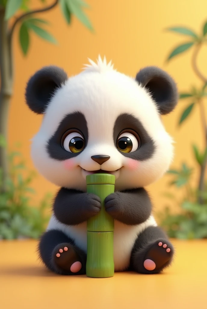 I need you to design me an animated image of a cute  panda sitting down, eating a bamboo branch (speaker shape) in a frontal plane where you can see that he is biting the bamboo