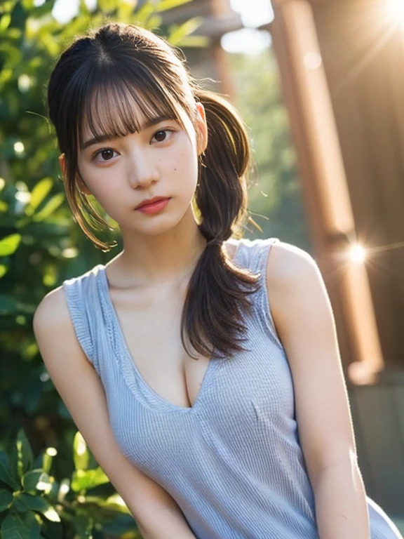 (highest quality,masterpiece:1.3,ultra high resolution),(Super detailed,caustics,8k),(photorealistic:1.4,RAW shooting),1girl,(look down at the camera),(front shot:1.1),(face forward),1,cute,Japanese,black short ponytail,sleeveless dress,(small breasts),(big boobs),(close up),(breast focus),street,sunshine,Natural light,(Backlight),(A bright light shines from behind),(Lens flare),professional writing,(cowboy shot),(low position:1.3),(Low - Angle:1.3),sad,cleavage