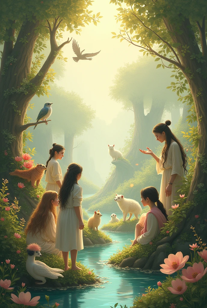 Rama, Sita, and Lakshmana in Panchavati": A serene scene of Rama, Sita, and Lakshmana sitting peacefully in the dense forest of Panchavati, surrounded by tall trees, a calm river nearby, and the natural beauty of the wilderness.