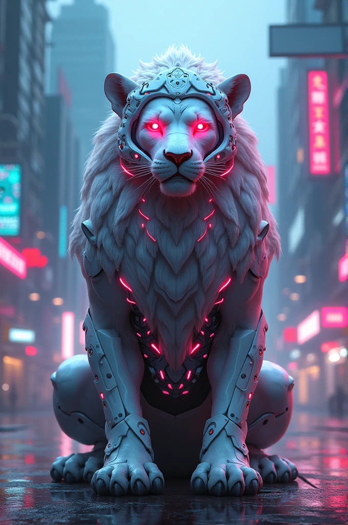 Lion in white cyborg helmet and costume with red glowing eyes, sitting in cyberpunk in neon city with blue and pink