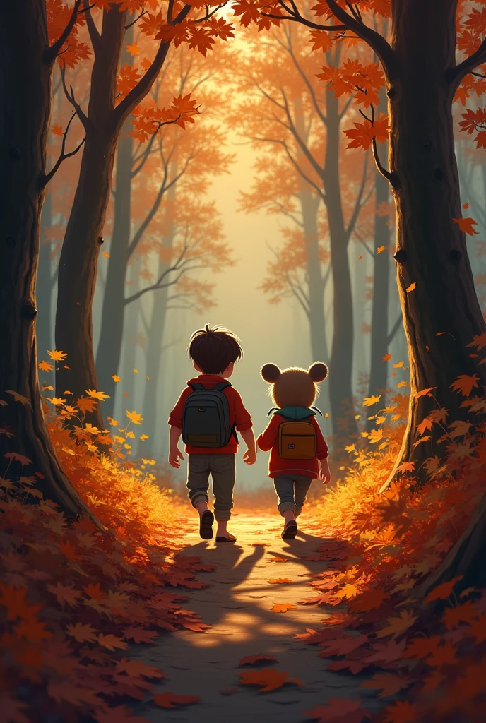 Sam and Max setting off into the woods. The path is lined with autumn leaves, and the sky is turning to dusk.
Details: Warm, earthy tones for the forest setting and an adventurous, determined expression on Sam’s face.