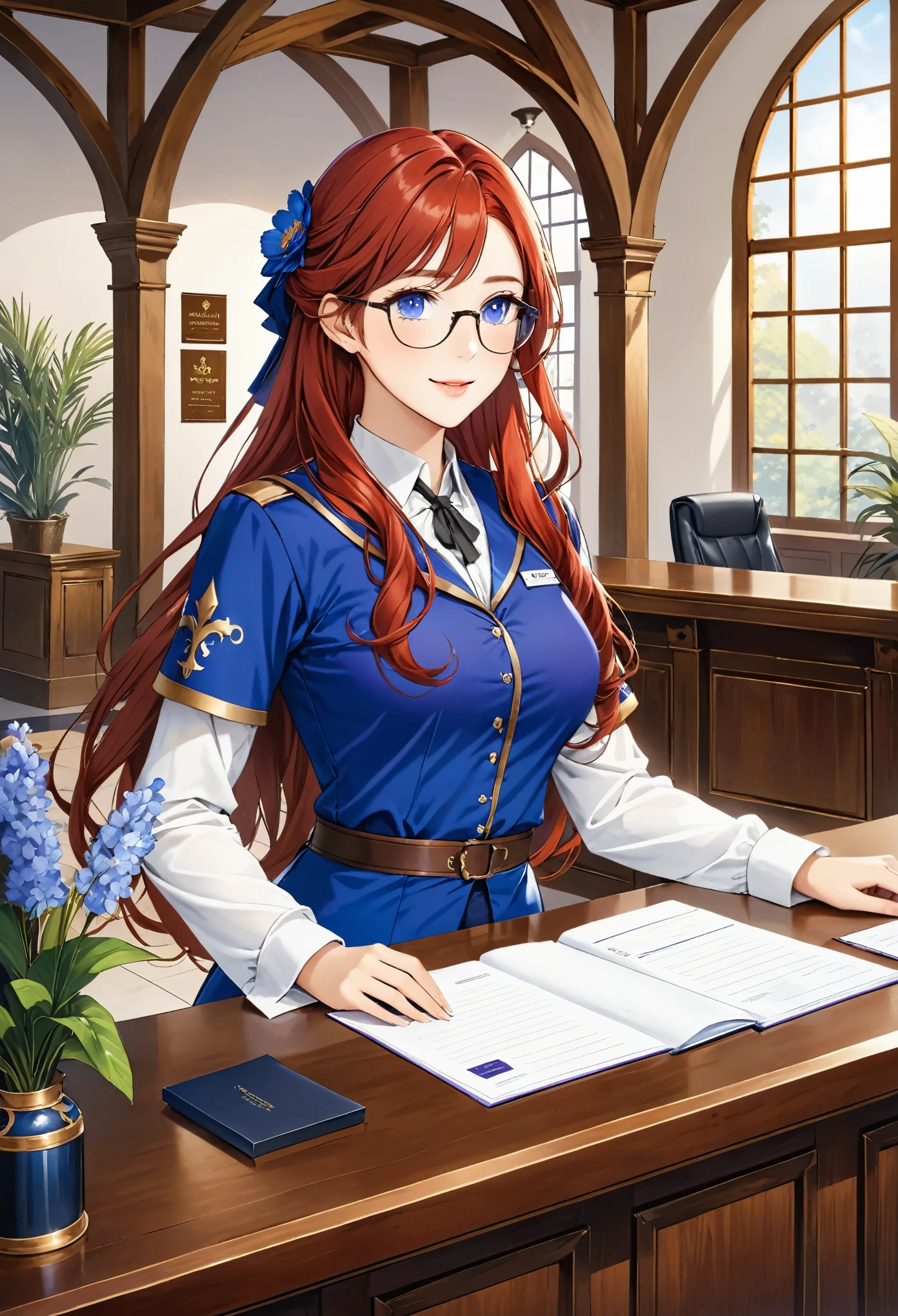 Guild girl, receptionist, ((medieval fantasy)), (another world), , red hair, wavy long hair, purple eyes, glasses, big breasts, receptionist uniform, blue and white uniform, calm atmosphere, reception counter ,analog,