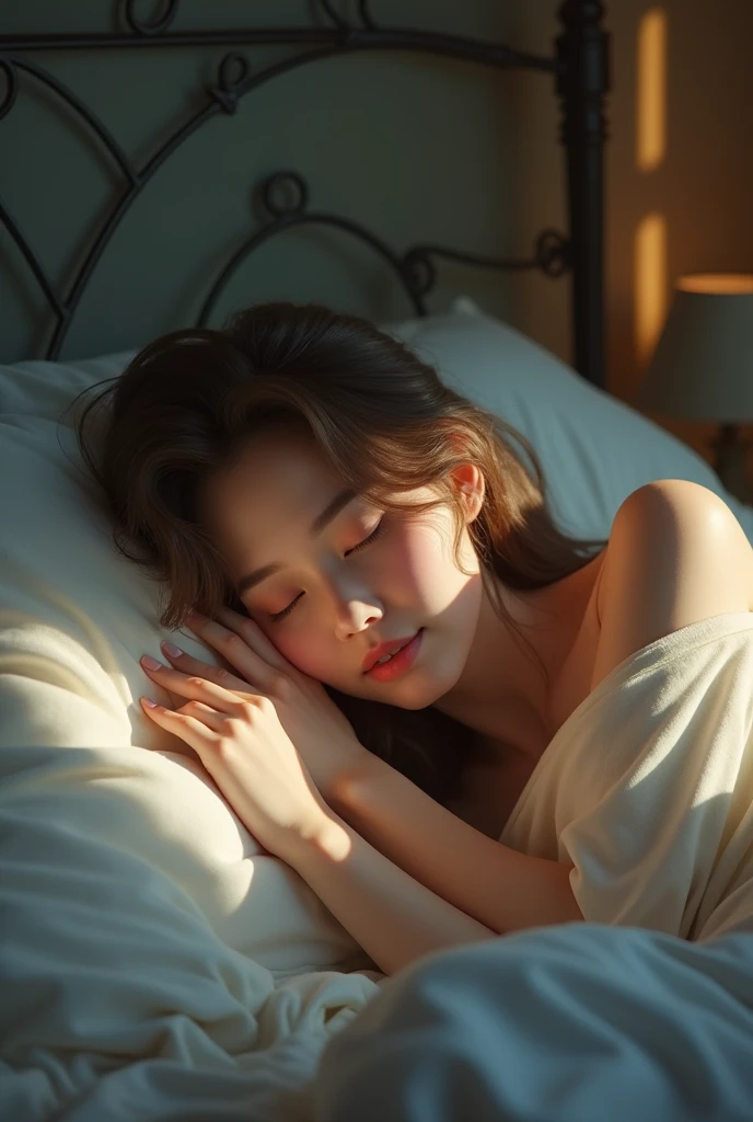 A beautiful lady sleeping in a bed with a breast visible