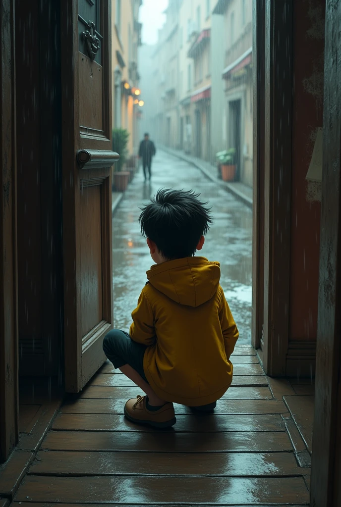 indigenous boy with short hair wearing a yellow jacket with the hood half up, crouching sad and crying as he looks out onto the street from inside his old house, wooden floor and narrow hallway in italy while it rains. From an upward perspective