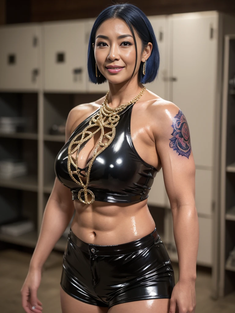 A japanese Lady,masutepiece, High quality, UHD 32K,Live-action adaptation,Muscular realistic angry face,gigantic breasts,Female professional wrestler,Realistic skin feeling,30 years old,solo,heavy muscular,shiny tight latex patterned open croptop,tight latex shorts,Vertical navel,viewer,erect through,frontal photography,dark locker room,Emphasis on the chest,smile,shiny and oily wet tattoo body,Sharp eyes,flashy Blue and red short wavy hair,muscular sweaty body,wearing big necklace,big earrings,gigantic breasts