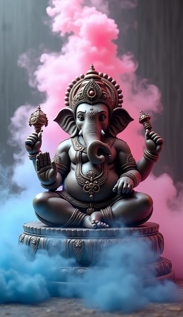 A detailed and ornate statue of the Hindu deity Ganesha, sitting in a meditative pose amidst swirling pink and blue smoke, with an Om symbol above his head.  The statue is intricately decorated with jewels and flowers, and the smoke creates a mystical and ethereal atmosphere. [Digital art, photorealistic, with a touch of surrealism], [Reference style of  "The Art of the Hindu Gods" by  Devdutt Pattanaik], [Camera: 50mm lens, shallow depth of field, soft lighting, vibrant colors, smoke effects, textured background, high resolution rendering]