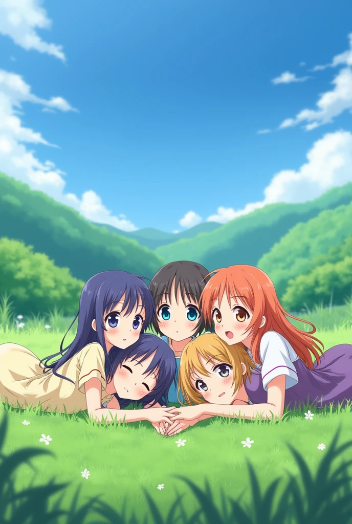 Five anime girls lying on the field holding hands