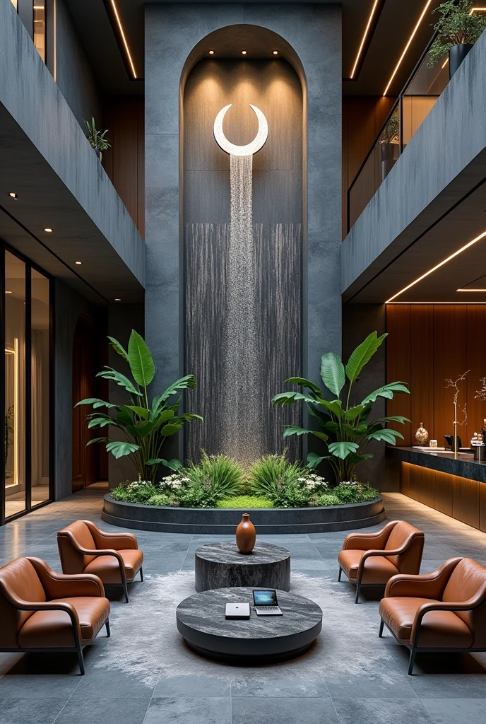 Professional 3d architecture rendering design of modern And high tech for boticque hotel’s Labi with dark slab stone and 8 dark brown leather Chairs that separate with modern green space and medium flouting dark gray marble station and 2 laptops and coffee table elegant and modern glassy and silver accessories and modern windows and private space for baggage in the Labi and black slab stone middle table and elegant accessories and modern ceiling lighting and beautiful green space and private space for baggage with silver wall and silver reception and big silver sculpture of crescent moon that cover with waterfall in the corner of Labi and modern green space between the chairs
