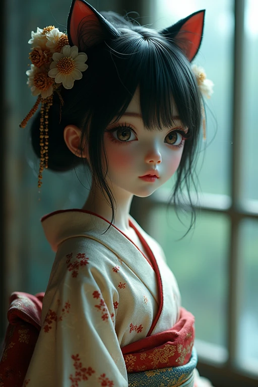 Japanese style kimono Floral decoration hairpin mysterious Mysterious coolビューティー Beauty cute clear Pitiful cool Real Gothic Lolita Hata Girl Beauty 美Girl Doll Cat ear