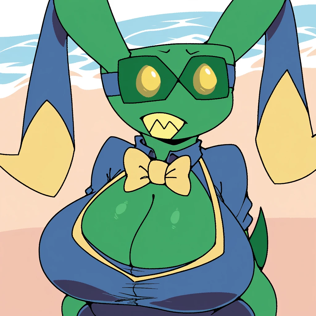 by not a furfag, front facing, springtail, anthro, solo, upper body, beach, neutral expression, antennae, bow tie, carapace, blue bikini, huge breasts, digitigrade, goggles, green body, yellow eyes, slightly chubby, yellow forked tail