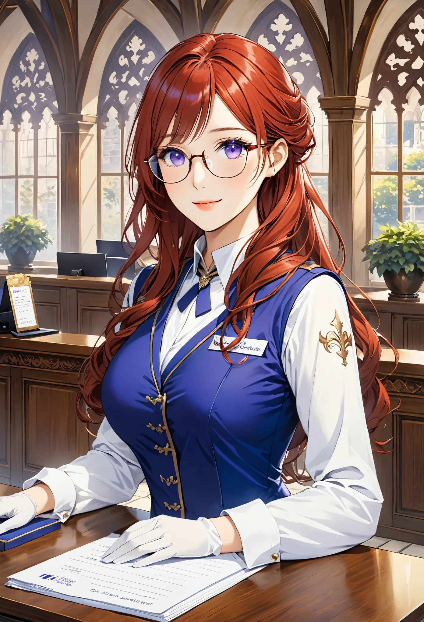 Guild girl, receptionist, ((medieval fantasy)), (another world), , red hair, wavy long hair, purple eyes, glasses, big breasts, receptionist uniform, blue and white uniform, calm atmosphere, reception counter ,analog,