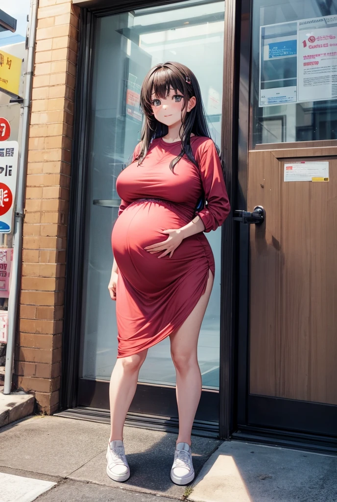 Pregnant anime style girl standing in the baby's room in very detailed , with cot, exchanger